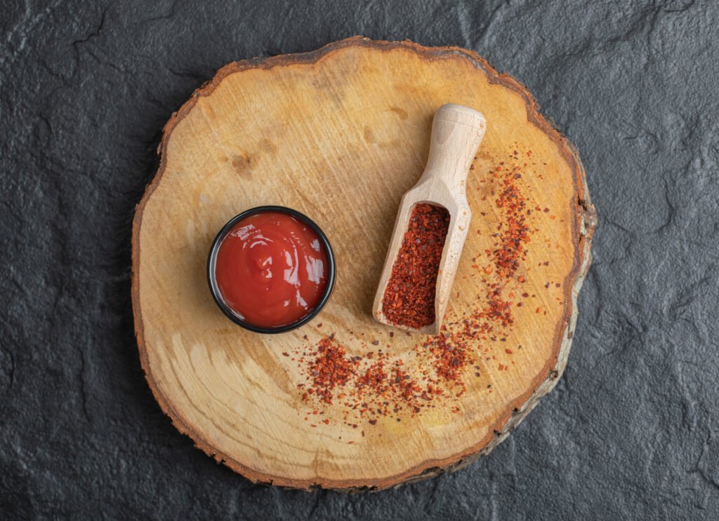 Top View Red Hot Chili Pepper With Ketchup Wooden Board 1024x743